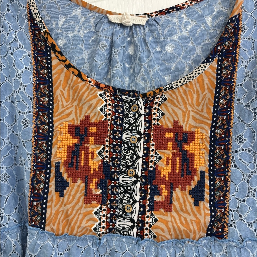 Bohemian Blue Lace Top with Patterned Sleeves and Embroidered Bib, XL - Picture 4 of 4